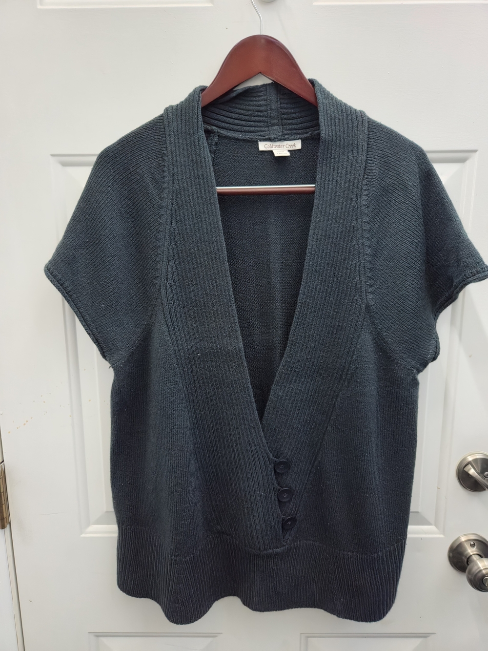 Coldwater Creek Short-Sleeve V-Neck Cardigan in Deep Charcoal